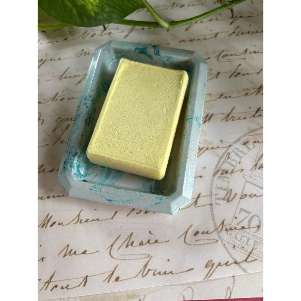 Handmade Soap Dish Cement Soap Holder Bathroom Kitchen Marbled Teal